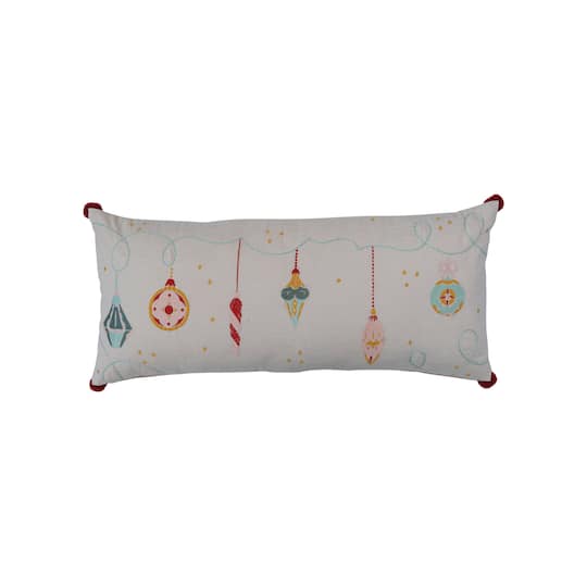 Hello Honey® 36" Multicolor Embroidered Ornaments & Pom Poms Cotton Slub Lumbar Pillow